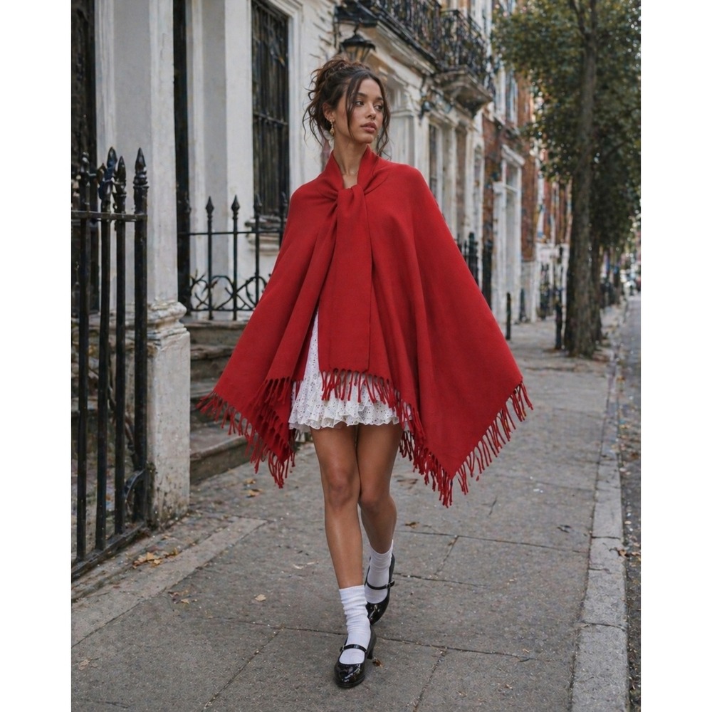 Vintage Red Wool Blend Poncho‎ Scarf Wrap Fringe Trim Cape One Size